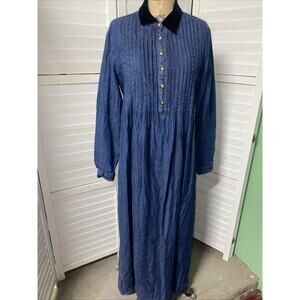 90s Central Falls Blue Cotton Denim Jean Maxi Shirt Dress Velvet Collar USA 14